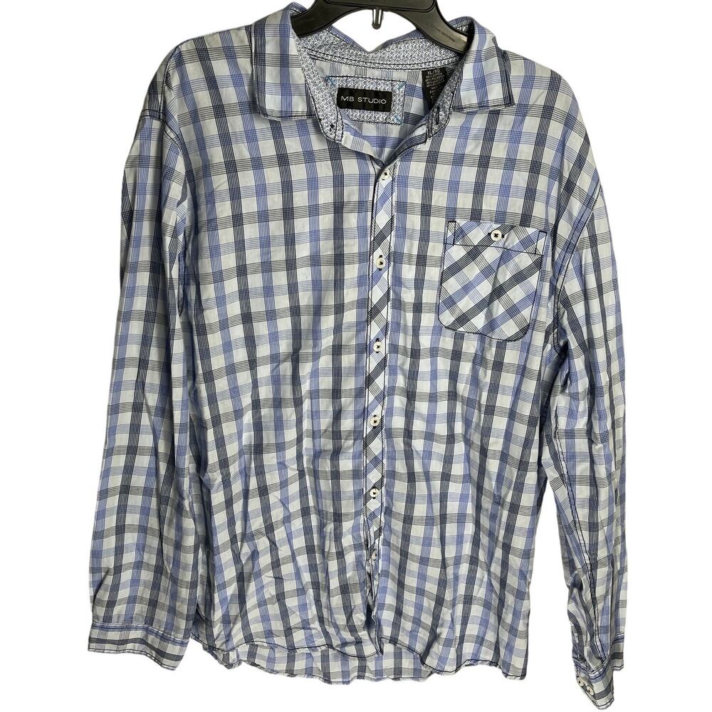 MB STUDIO Shirt Mens XL Blue Plaid Button Up Long Sleeve Preppy Business Casual
